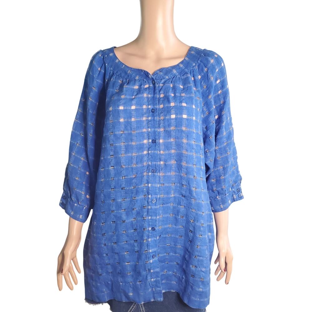 Chicos Size L (2) Blue Rosemarie Windowpane Tunic Button Down Pockets